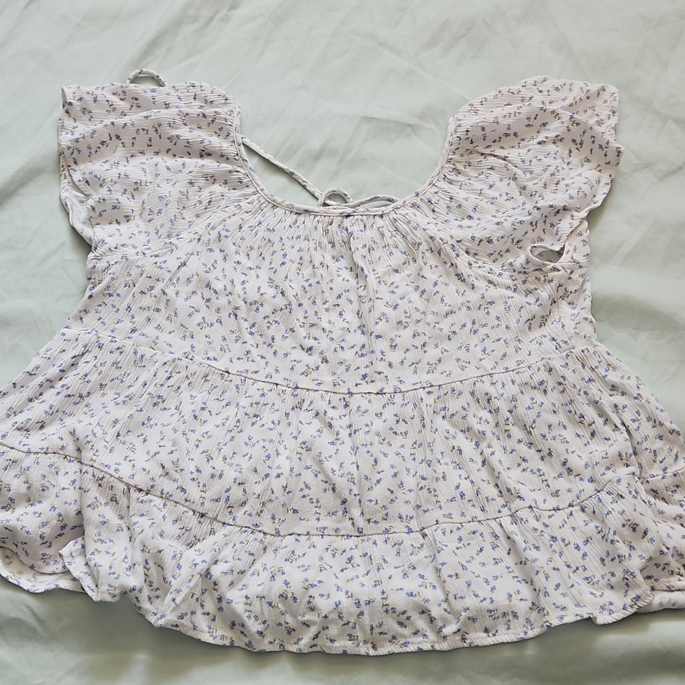 Hippie Rose White With Blue Floral Blouse, Size S - Picture 6 of 6